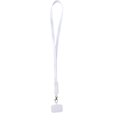 Logotrade Werbegeschenke das Foto: Franz 5 in 1 Lanyard Kabel aus recyceltem Kunststoff für Smartphones mit integrierter Datensynchronisierung und 65 W Schnellladefunktion