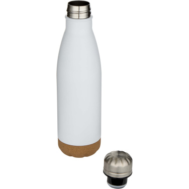 Logotrade Werbeartikel das Foto: Cove 500 ml doppelwandige, vakuumisolierte Trinkflasche aus Edelstahl mit Korkdetails