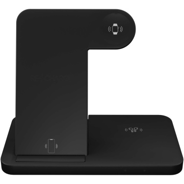 Logotrade Werbeartikel das Foto: SCX.design W28 kabellose 3-in-1 Ladestation kabellos mit Telefonständer und Leuchtlogo