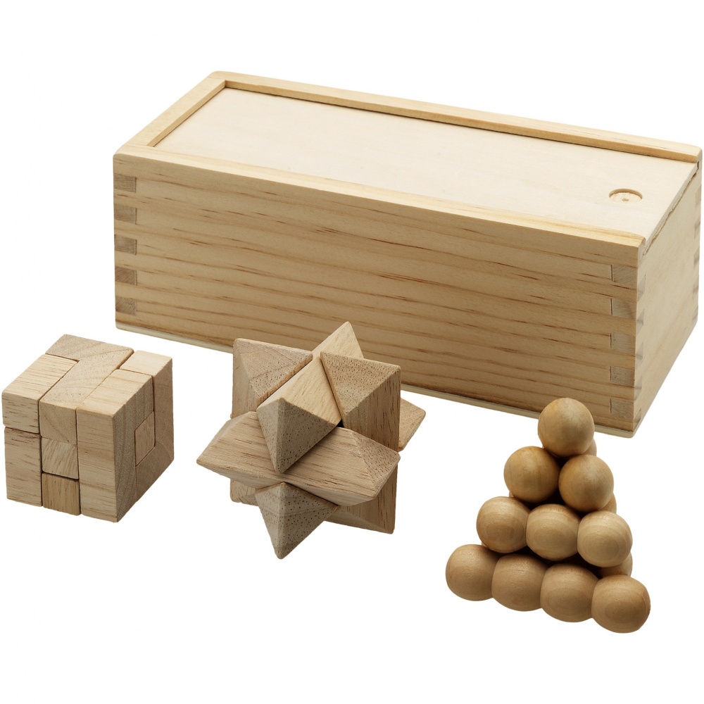 Logo trade promotional merchandise photo of: Brainiac 3-piece wooden brain teaser set