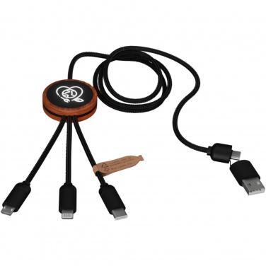 Logo trade business gifts image of: SCX.design C37 5-in-1 rPET light-up logo charging cable with round wooden casing