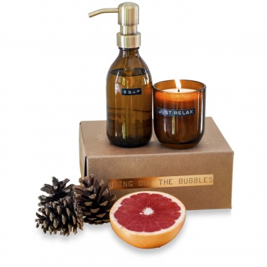 Logo trade promotional gifts image of: Wellmark Discovery 200 ml hand soap dispenser and 150 g scented candle set - bamboo fragrance