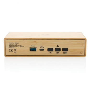 Logo trade promotional giveaways image of: Bamboo alarm clock with 5W wireless charger