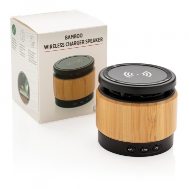 Logo trade promotional gifts picture of: Bamboo wireless charger speaker