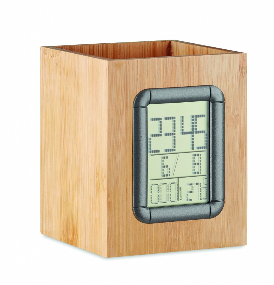 Logotrade promotional merchandise image of: Bamboo pen holder and LCD clock