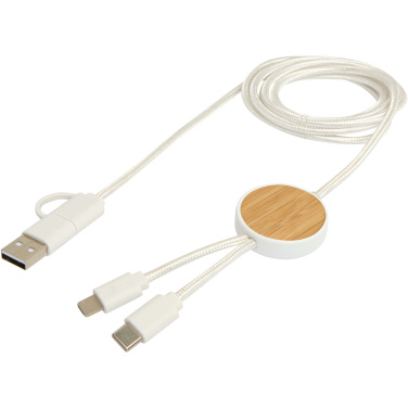 Logo trade promotional items image of: Chechia 5-in-1 recycled plastic 150 cm data sync and 27W fast charge cable with bamboo details