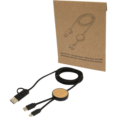 Logo trade promotional gift photo of: Chechia 5-in-1 recycled plastic 150 cm data sync and 27W fast charge cable with bamboo details