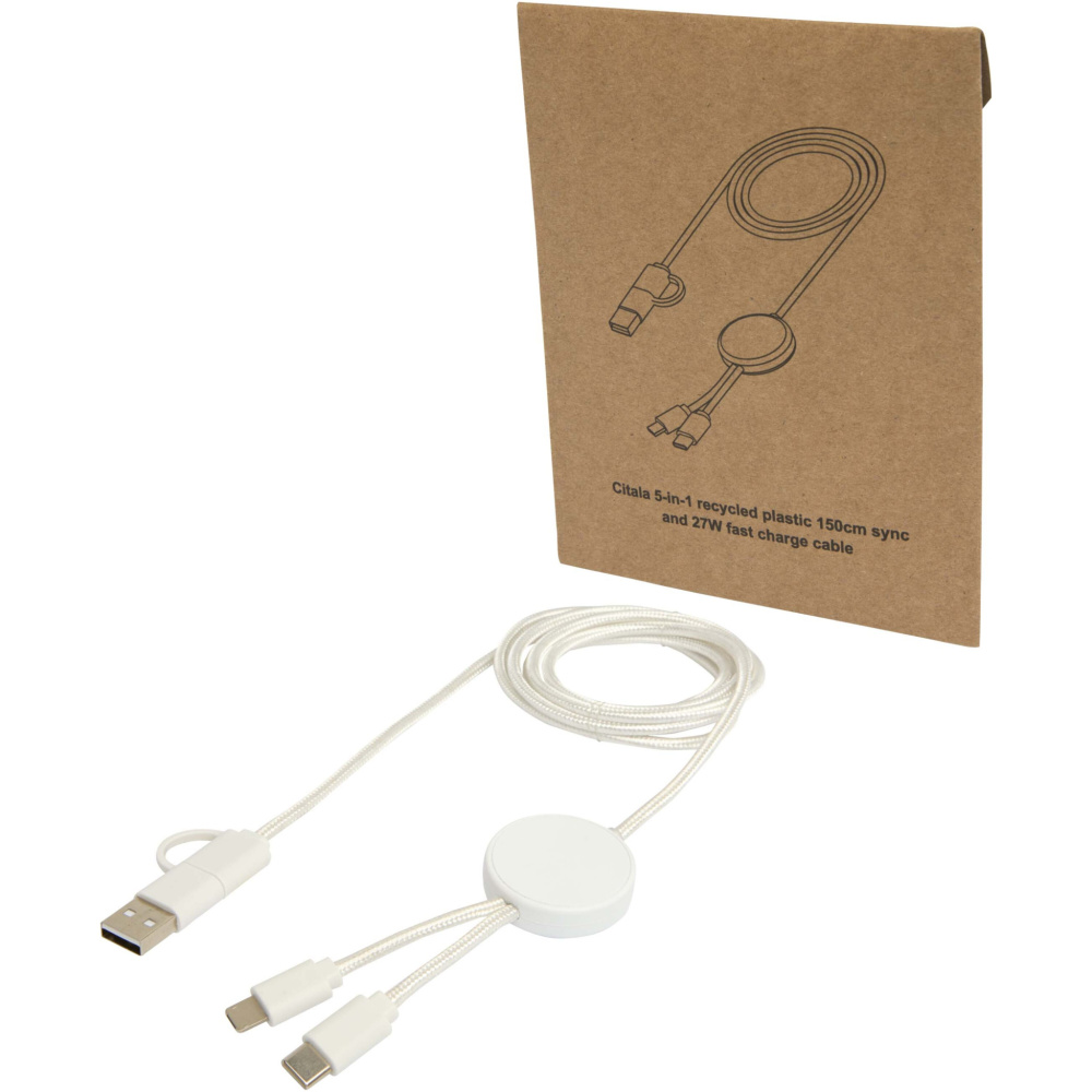 Logo trade promotional merchandise photo of: Citala 5-in-1 recycled plastic 150 cm data sync and 27W fast charge cable