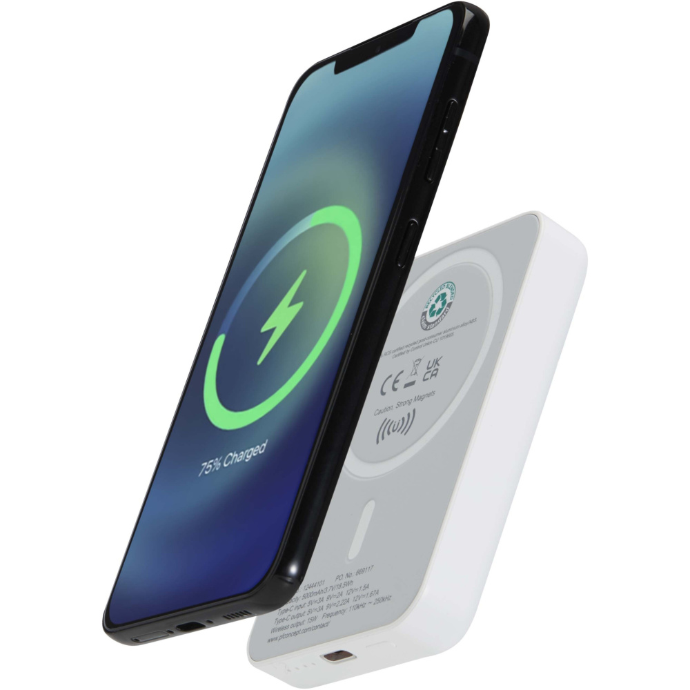 Logo trade promotional giveaway photo of: Acrab 5000 mAh 15W magnetic wireless power bank with 20W PD - made from recycled plastic