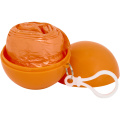 Fog poncho in round plastic container with carabiner, Orange