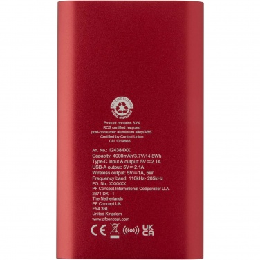 Logo trade ärikingi pilt: Juice 4000 mAh Type-C taaskasutatud alumiiniumist juhtmevaba toitepank 