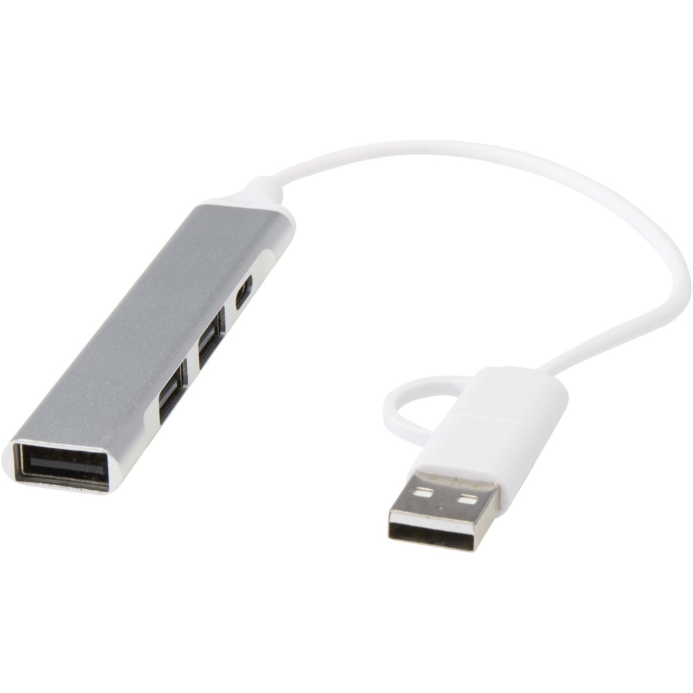 Logotrade reklaminės dovanos nuotrauka: „Alkaid“ 4 prievadų perdirbto aliuminio USB-A ir C tipo šakotuvas su dviguba įvestimi