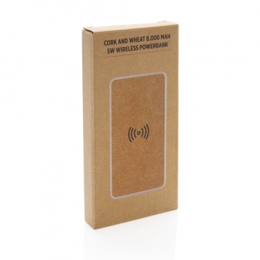 Logotrade profilreklam bild: Kork och vete 8.000 mAh powerbank med 5W trådlös laddning